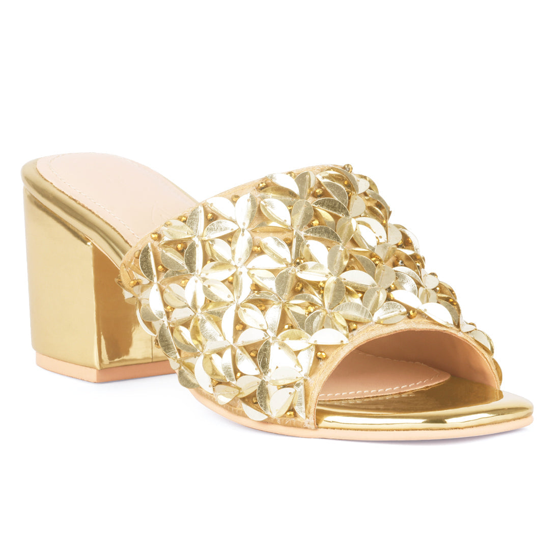 Handcrafted Golden Sequin Detail Block Heel Sandals - Gold