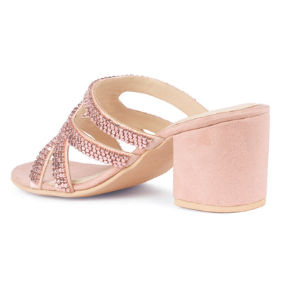 Blush Shiny Stud Handcrafted Block Heeled Satin Sandals - Blush