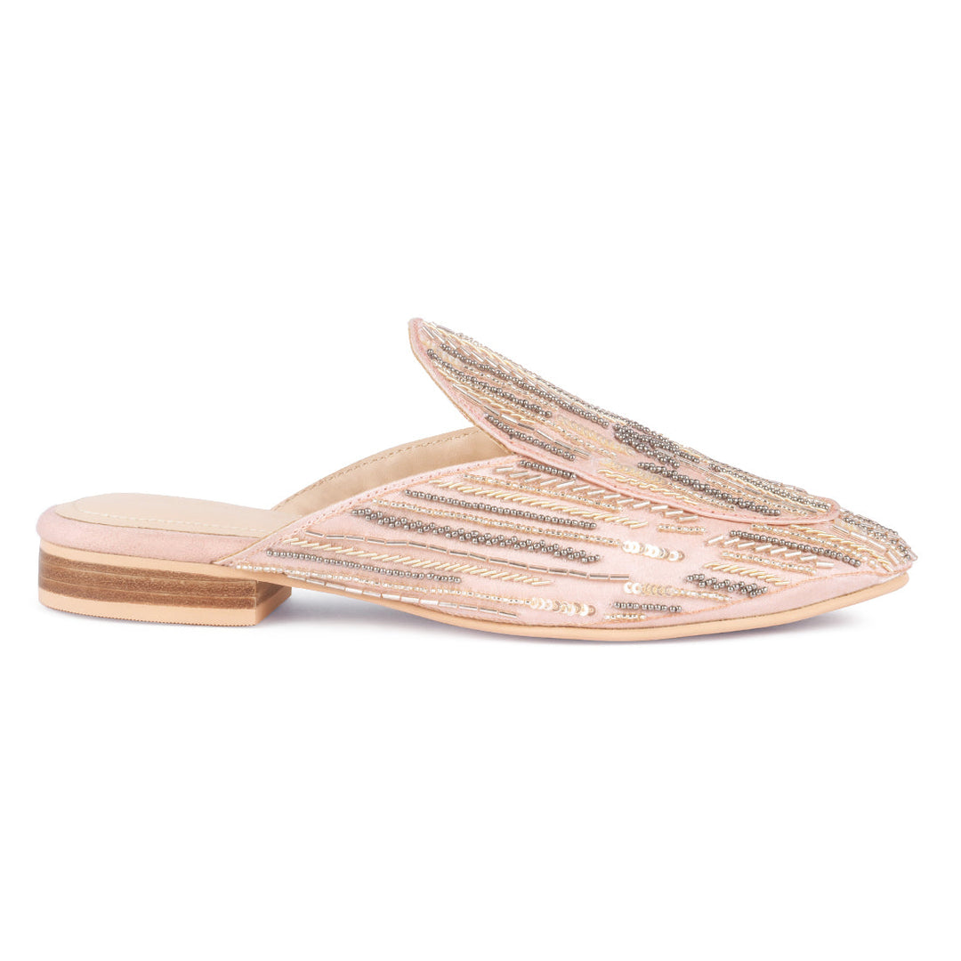 Blush Satin Embellished Handcrafted Mules - Blush