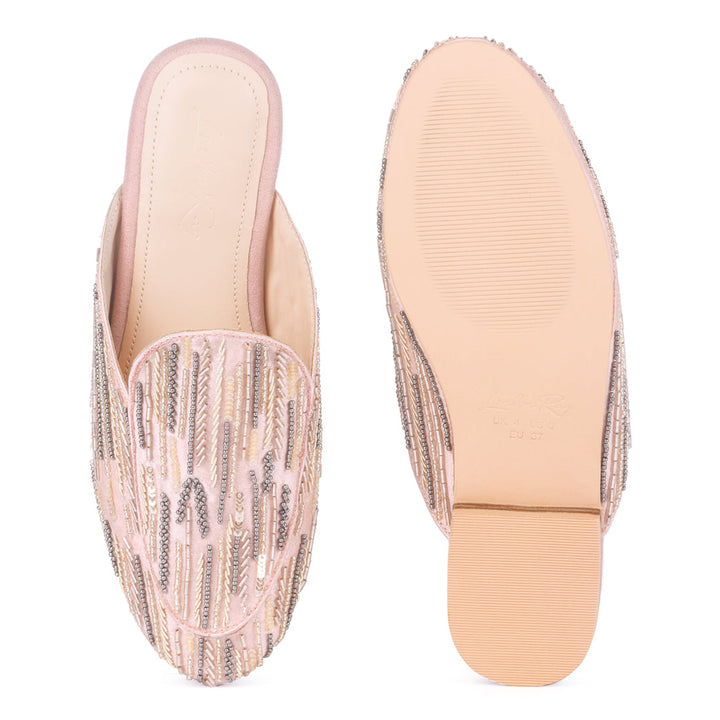 Blush Satin Embellished Handcrafted Mules - Blush
