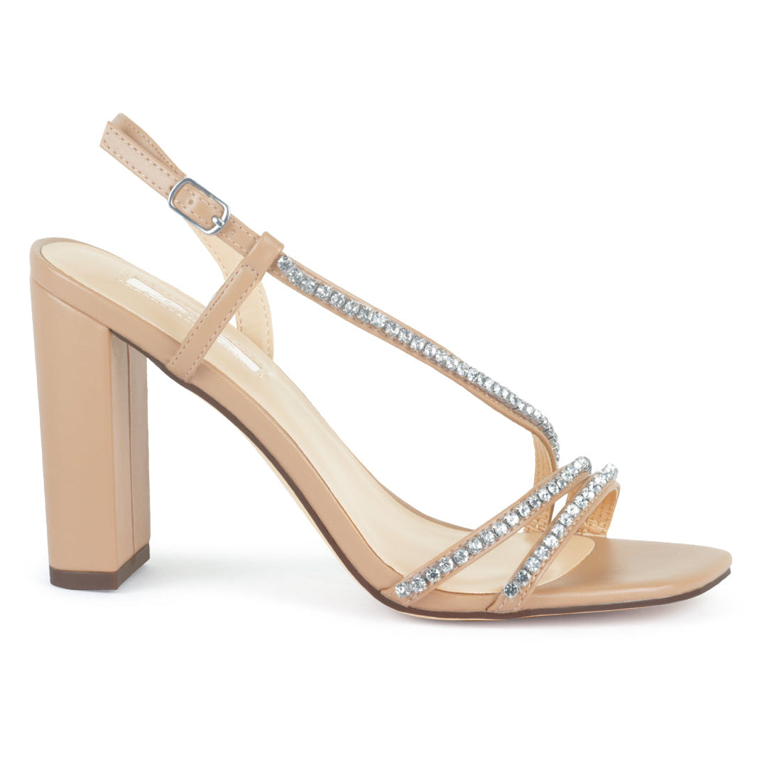 Embellished Block Heel Sandal In Nude