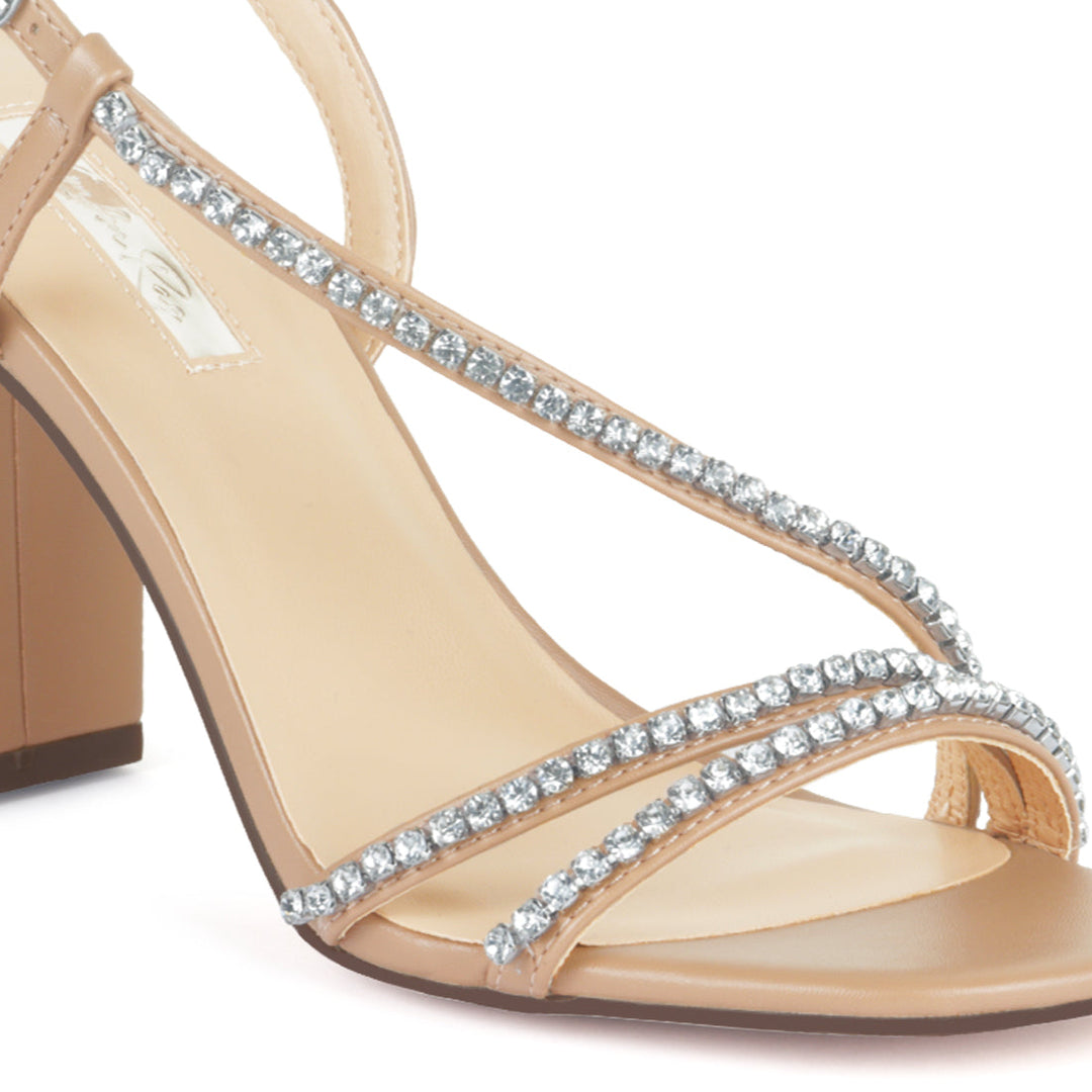 Embellished Block Heel Sandal In Nude