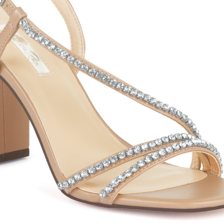 Embellished Block Heel Sandal In Nude