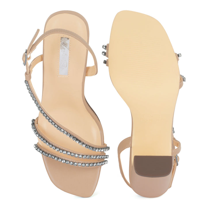 Embellished Block Heel Sandal In Nude